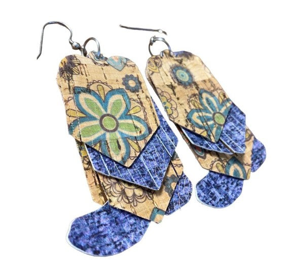 Blue Leather Boots Fringe Earrings