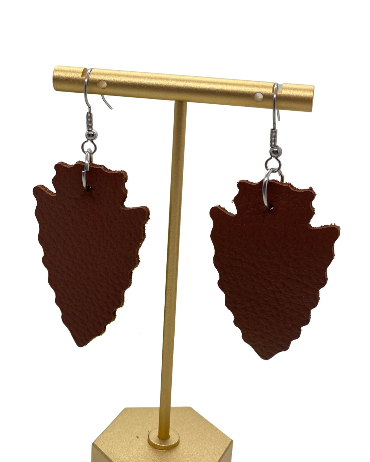 Brown Leather Arrowhead Earrings