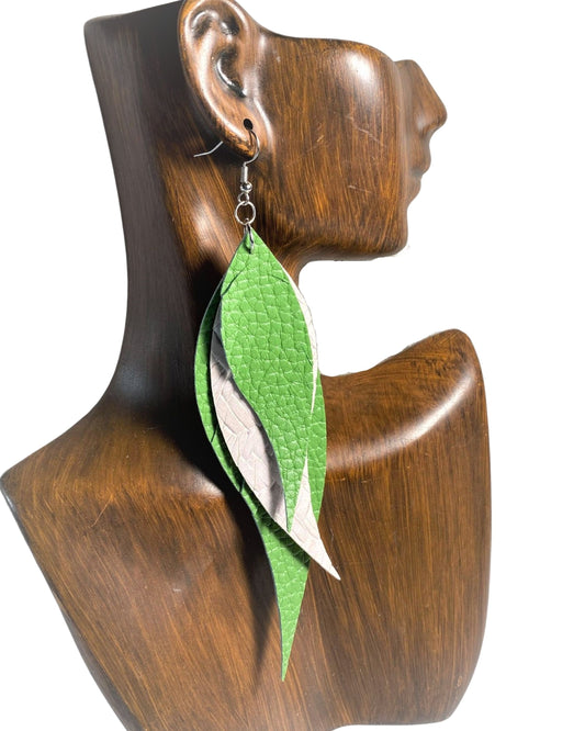 Green Fringe Feather Leather Earrings