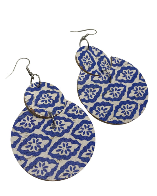 Blue Leather Circle Earrings