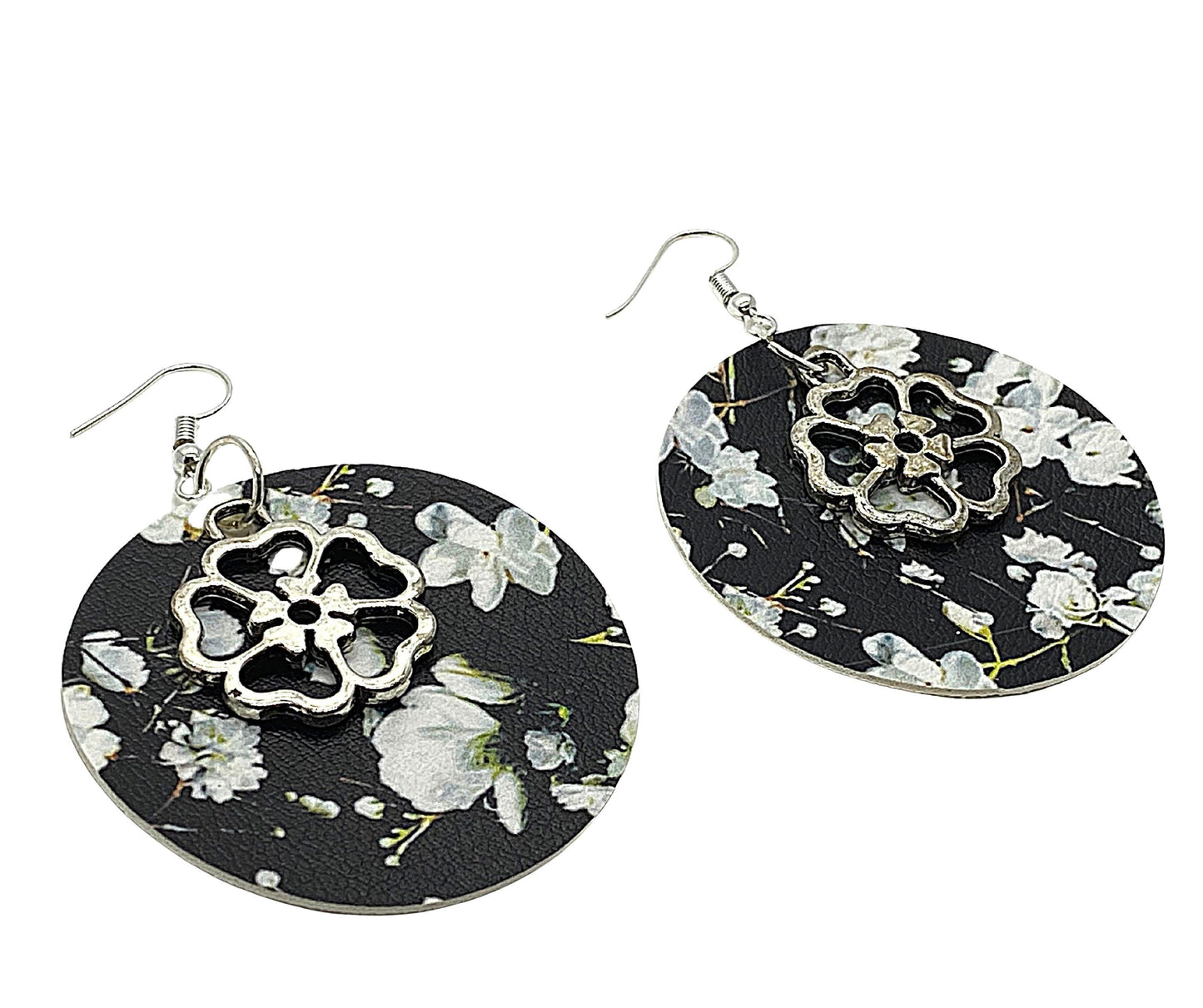 Black Flower Circle Earrings