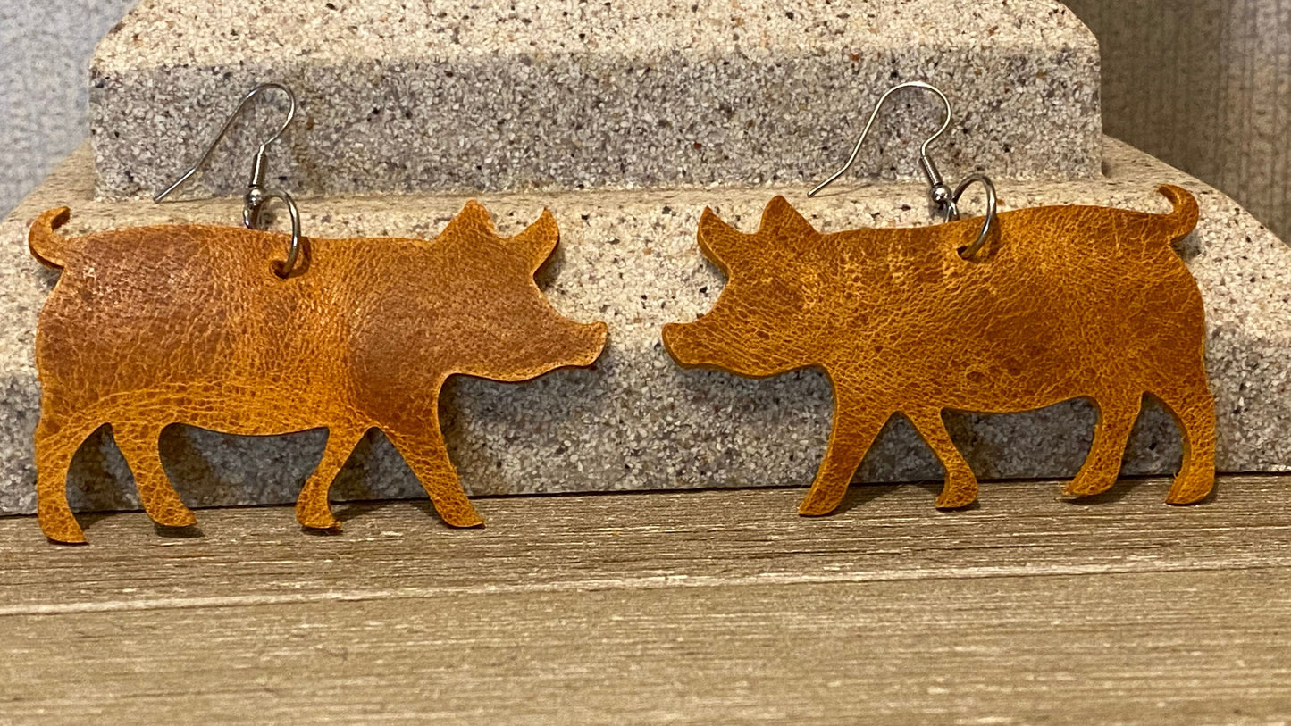 Brown Leather Pig Earrings