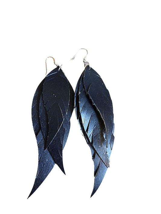 Black Fringe Feather Leather Earrings