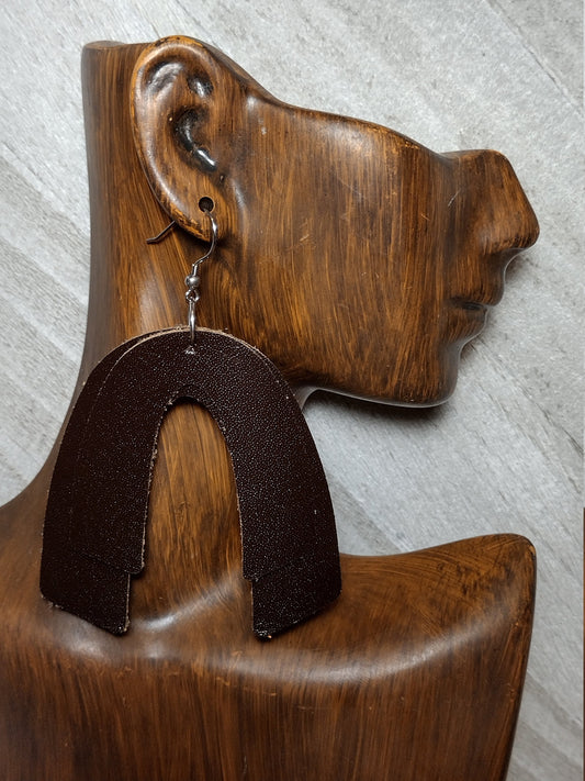 Dark Brown Leather Horseshoe Earrings