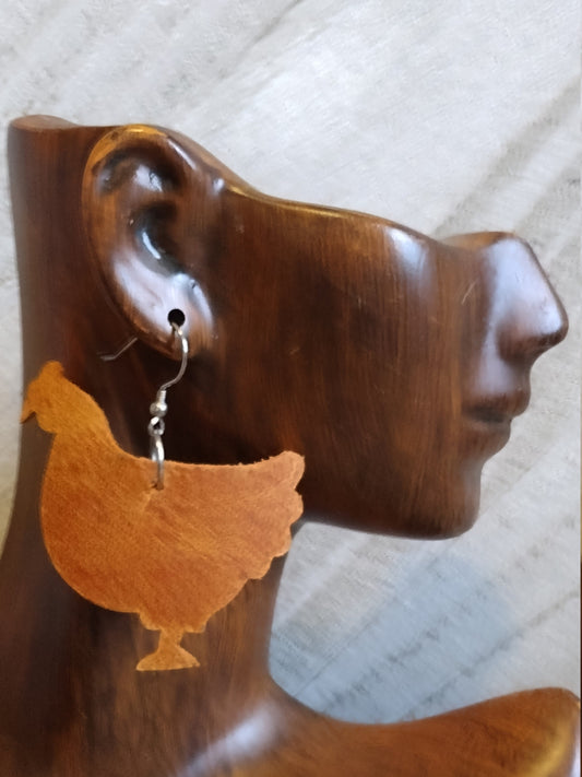 Brown Leather Chicken Earrings