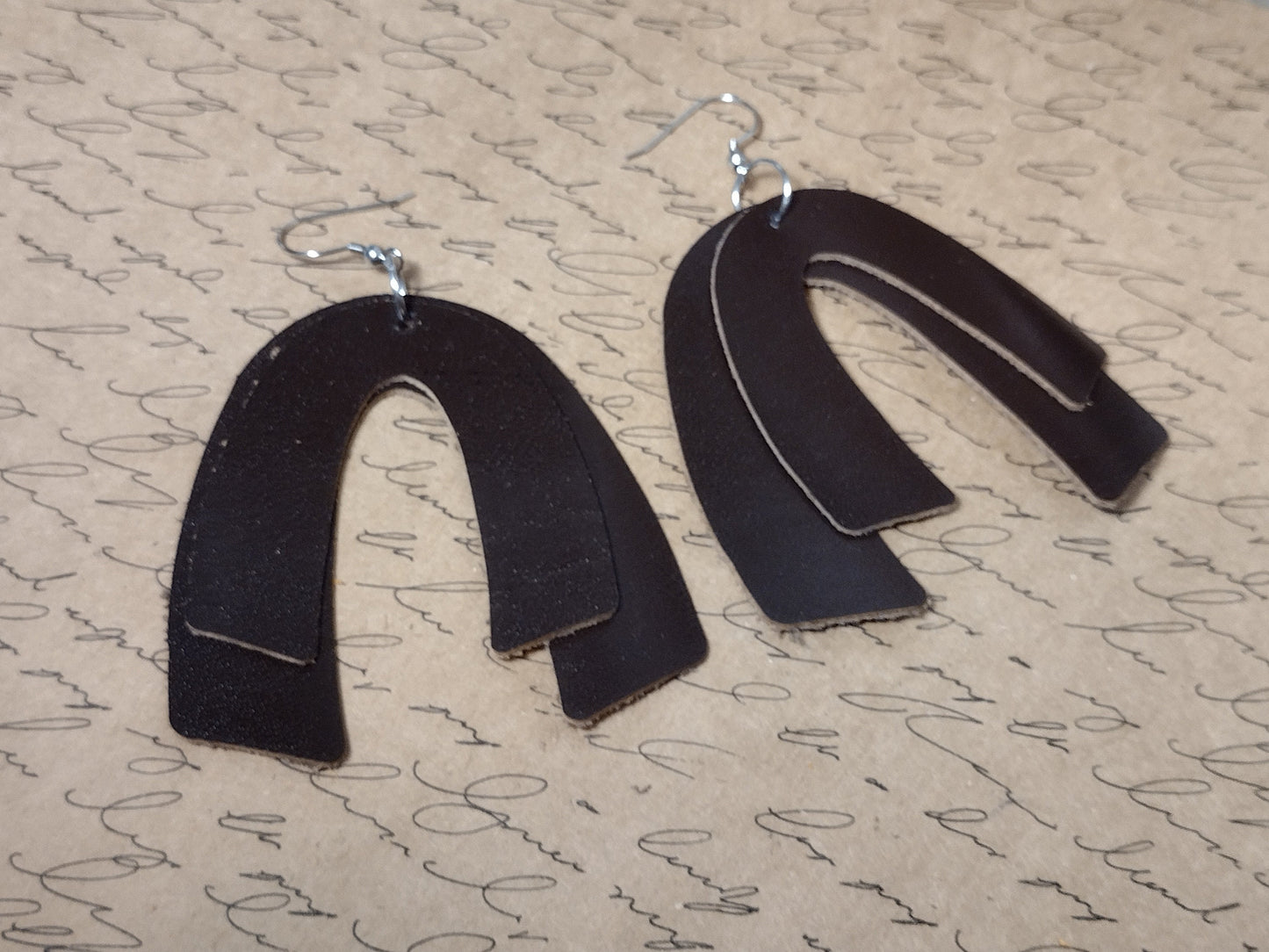 Dark Brown Leather Horseshoe Earrings