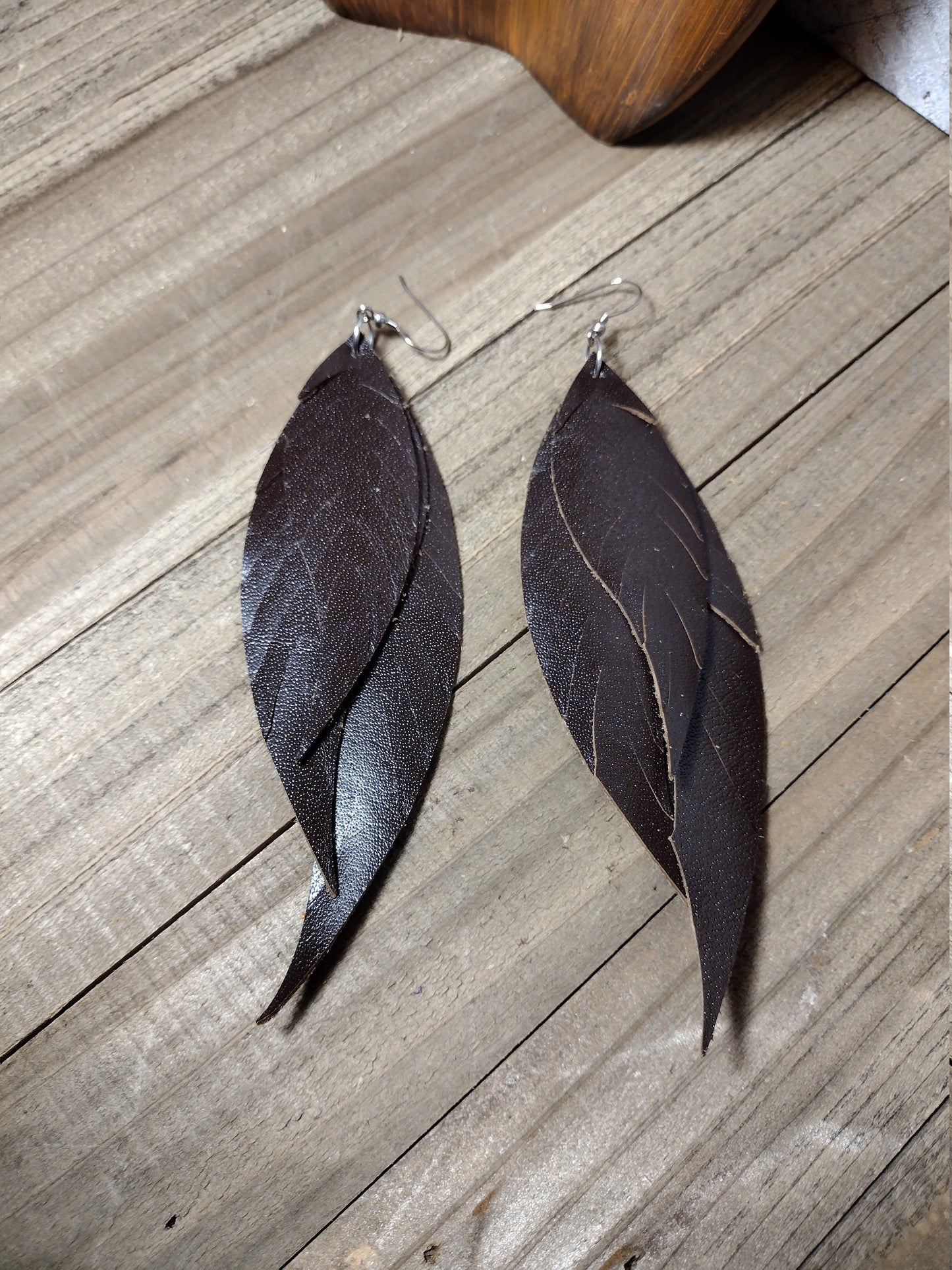 Brown Fringe Feather Leather Earrings