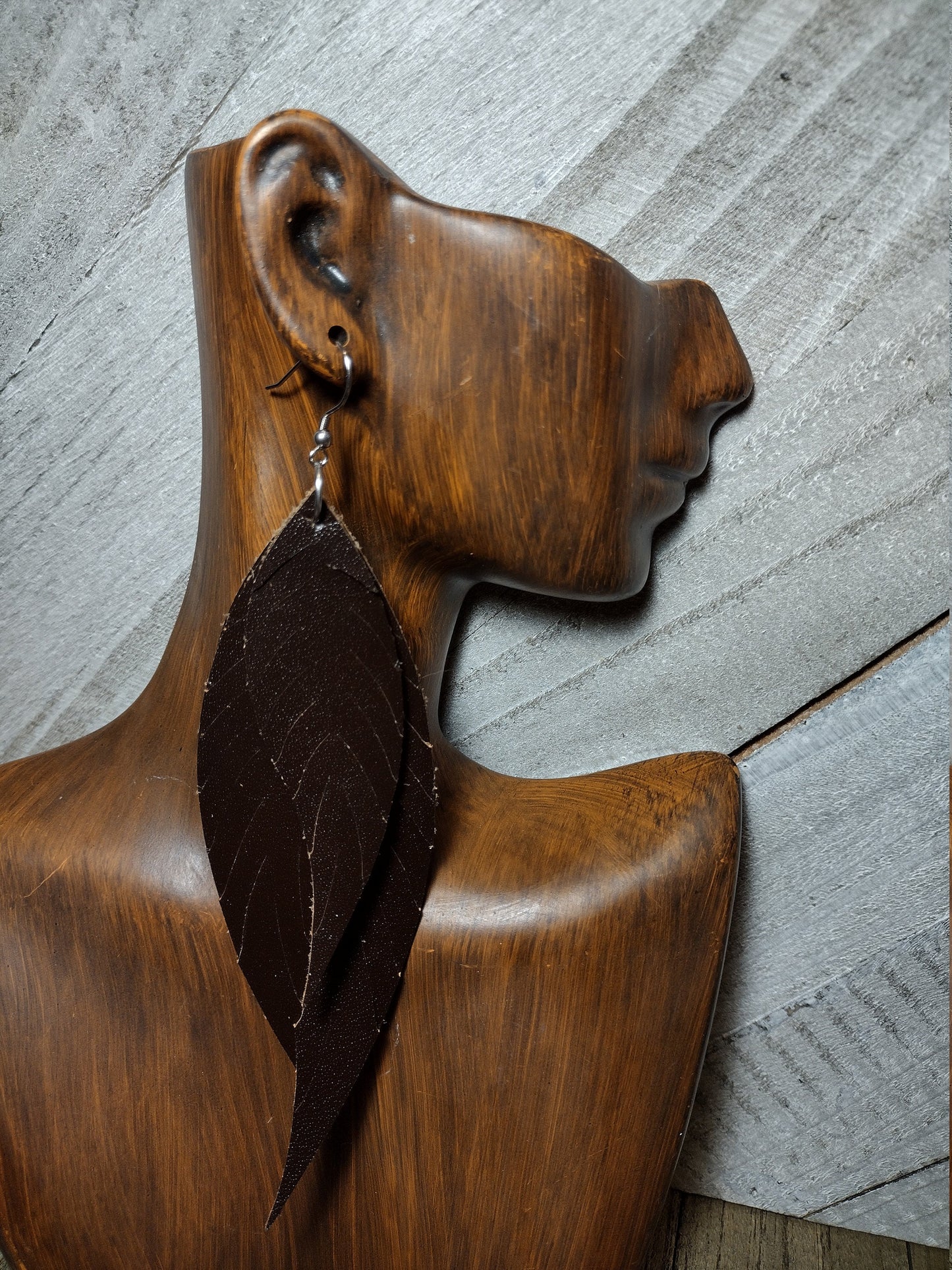 Brown Fringe Feather Leather Earrings