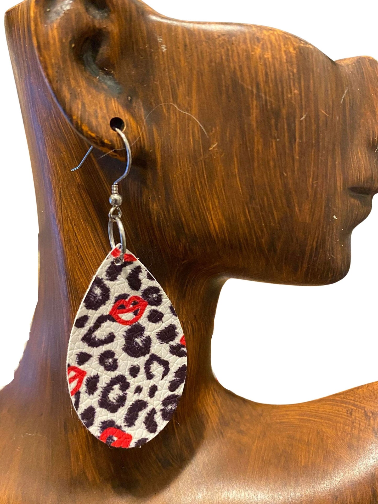 Leopard Teardrop Faux Leather Earrings with Kisses