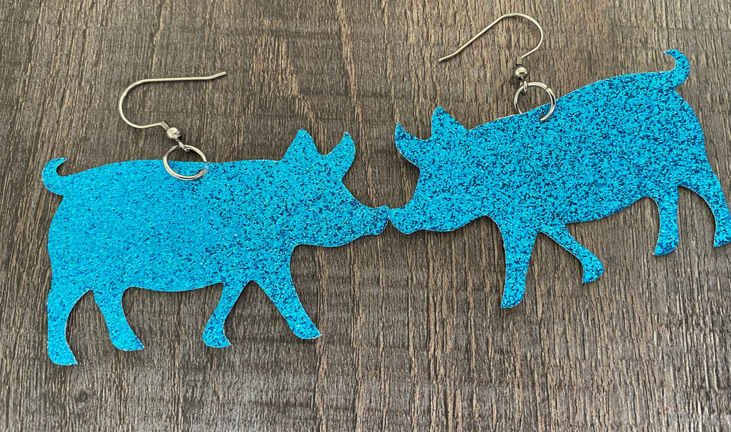 Blue Faux Leather Pig Earrings