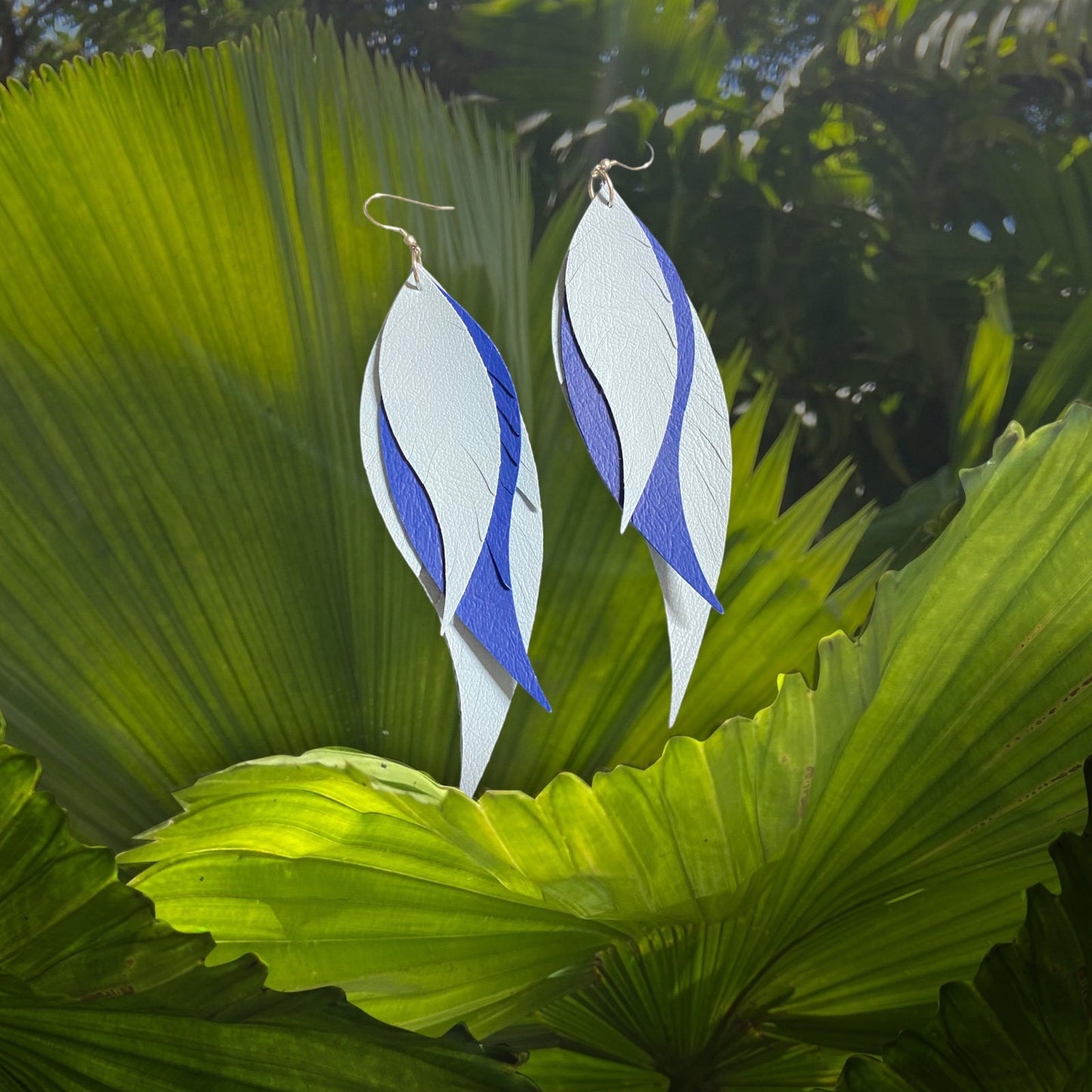 Blue Fringe Feather Leather Earrings