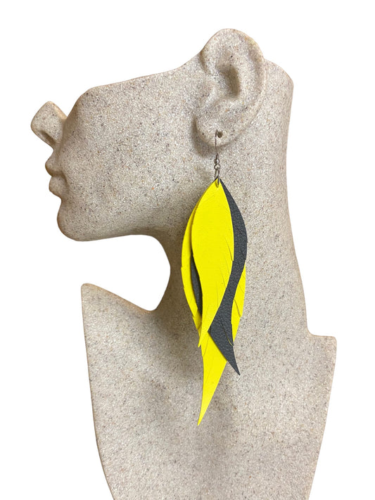 Yellow and Black Fringe Feather Leather Earrings