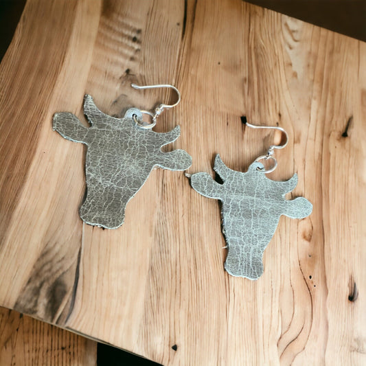 Gray Leather Cow Earrings