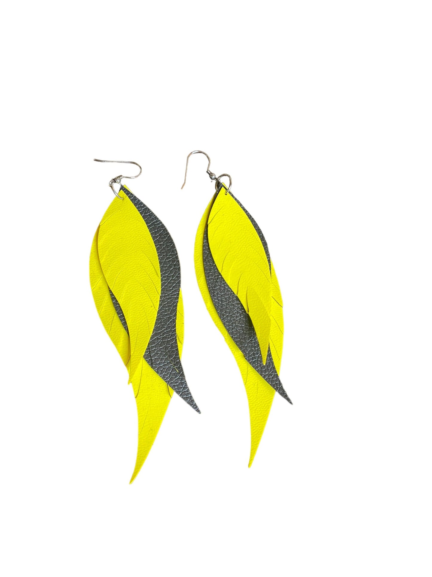 Yellow and Black Fringe Feather Leather Earrings