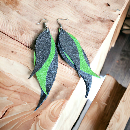 Green And Black Leather Fringe Earrings