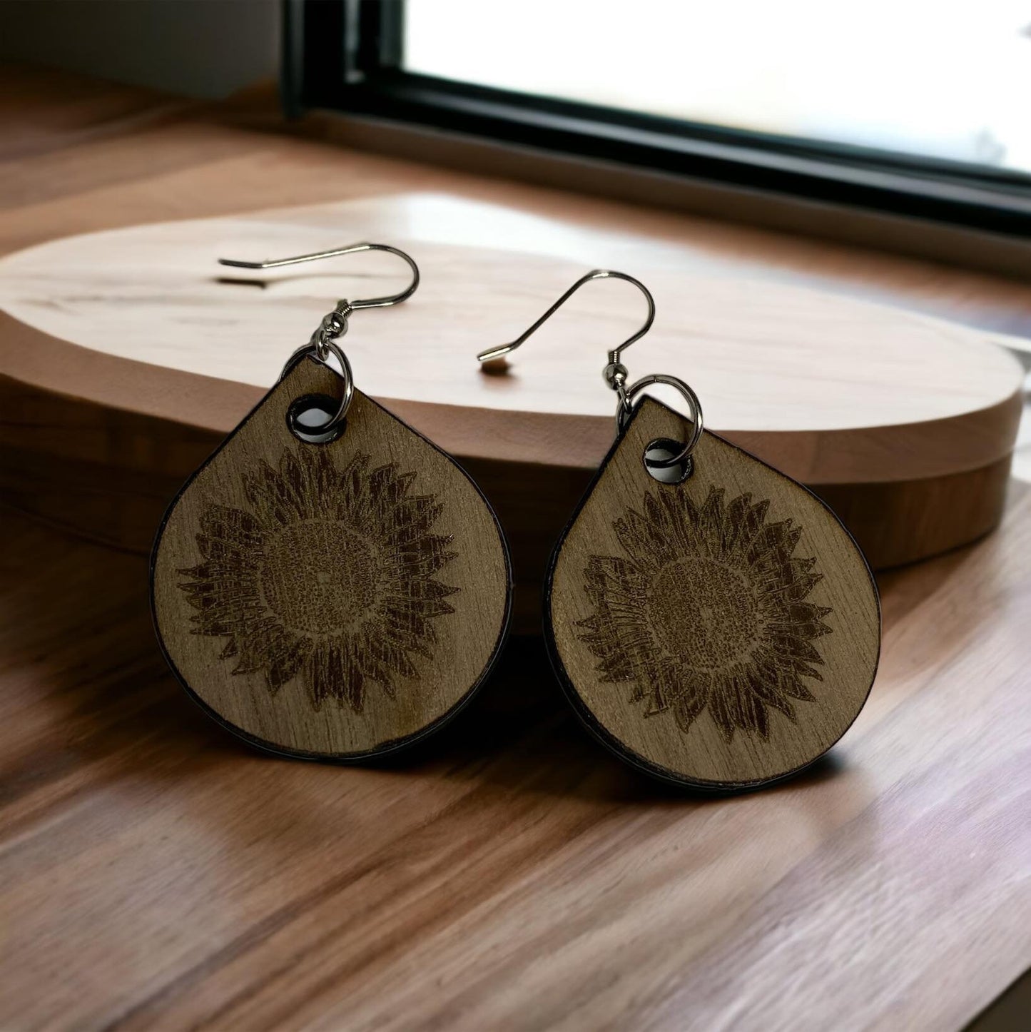 Wood Sunflower Earrings