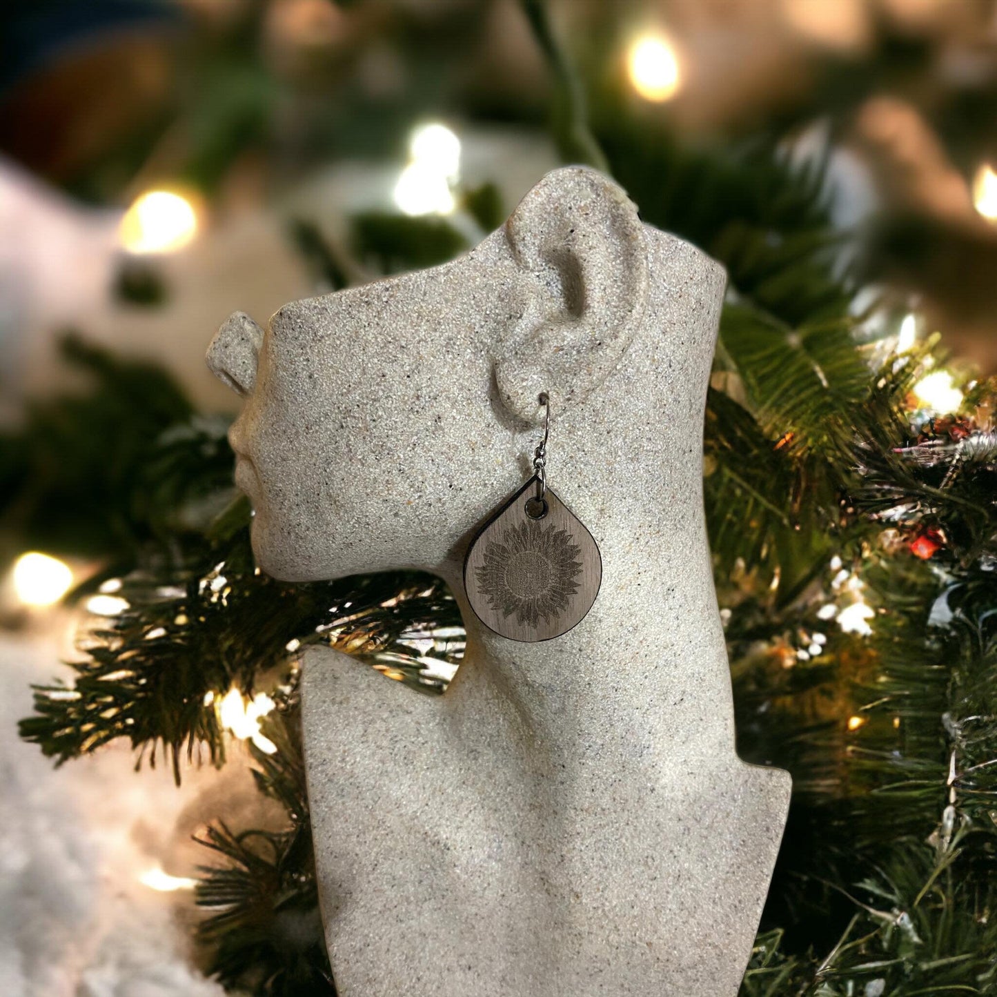 Wood Sunflower Earrings