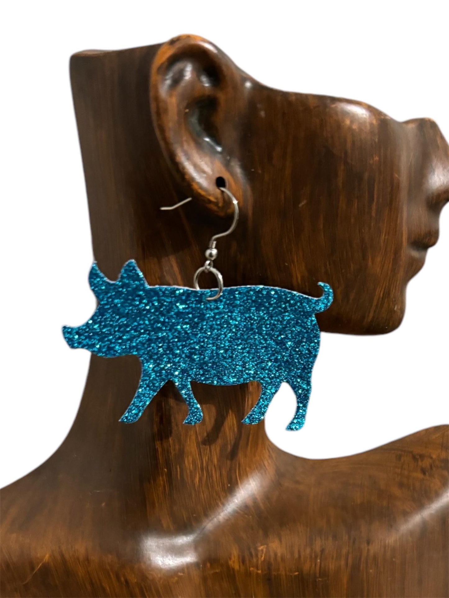 Blue Faux Leather Pig Earrings